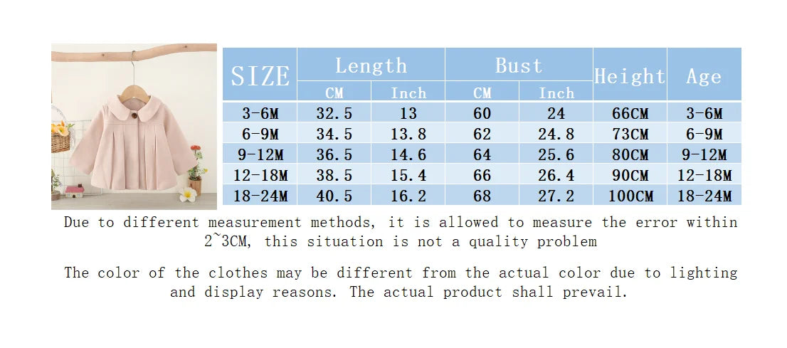 Baby Girls Woolen Style Mid Length Coat 3–24M