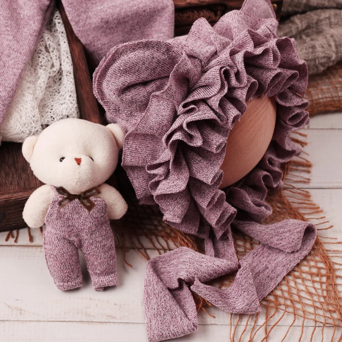 Newborn 4-Piece Photography Props Set - Includes Bears Ears Hat, Mini Bear Doll, and Posing Pillow