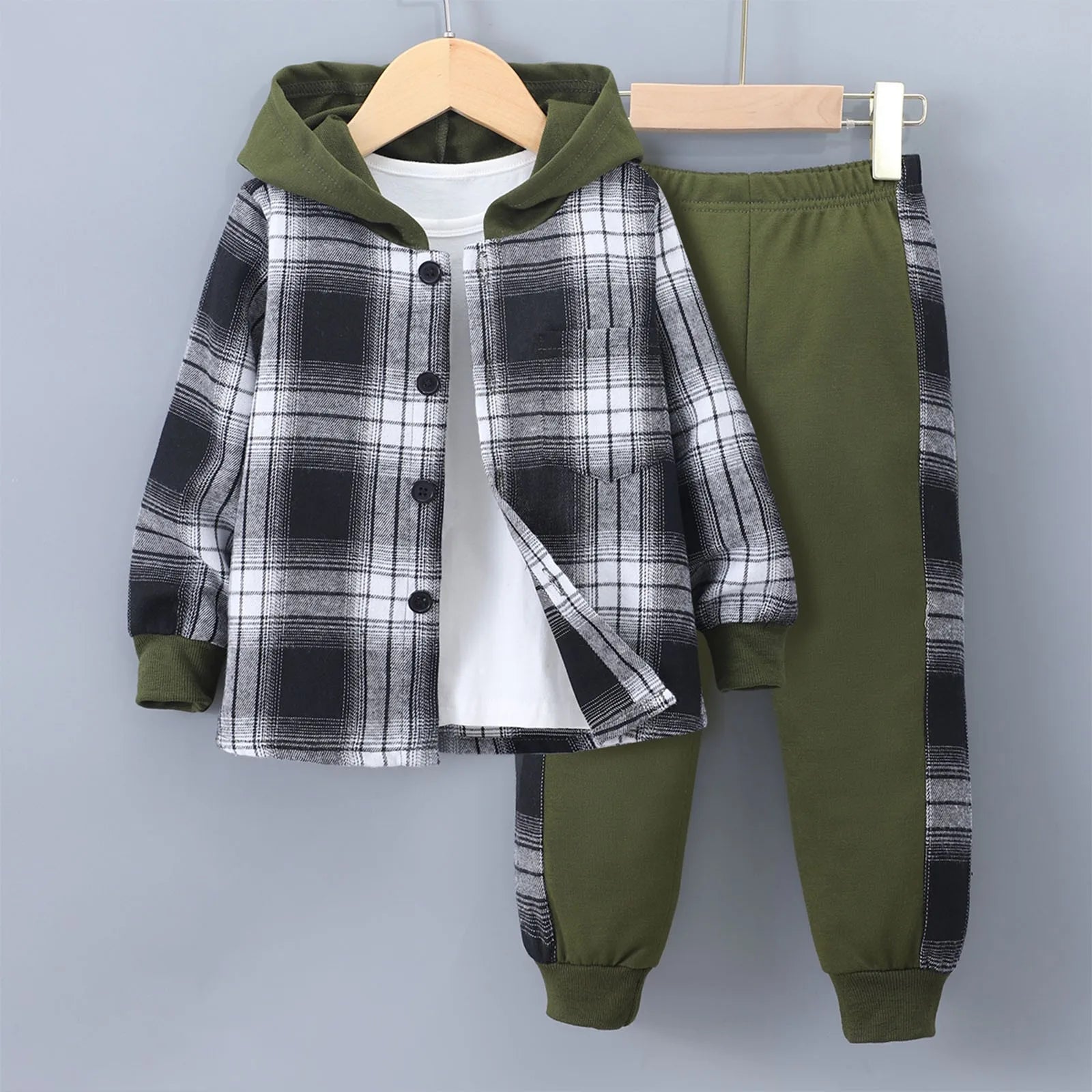 MOMSTAG Boys' Plaid Hooded Jacket & Sweatpants Set