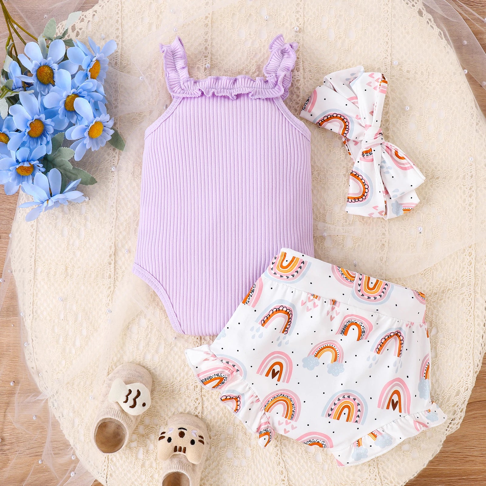 3PCS Baby Girl Casual Dress + Rainbow Printed Shorts