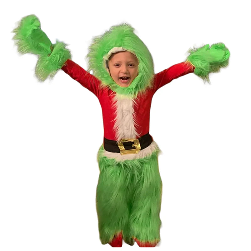 Boys Cosplay Costume Green Furry Monster Santa Claus Suit Xmas Clothes Set