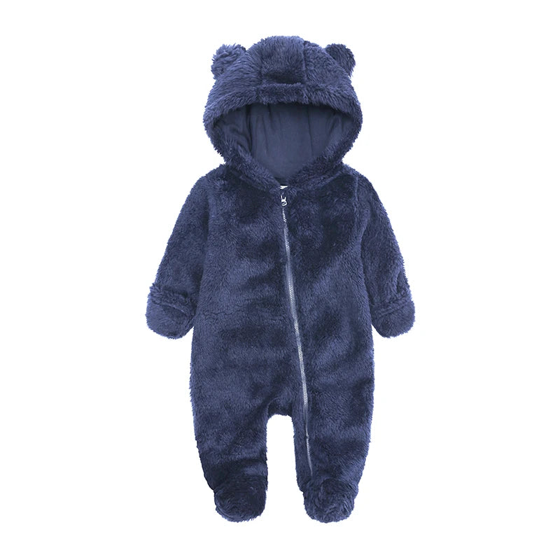 0-12M Fleece Baby Romper Hooded Zipper Bodysuit
