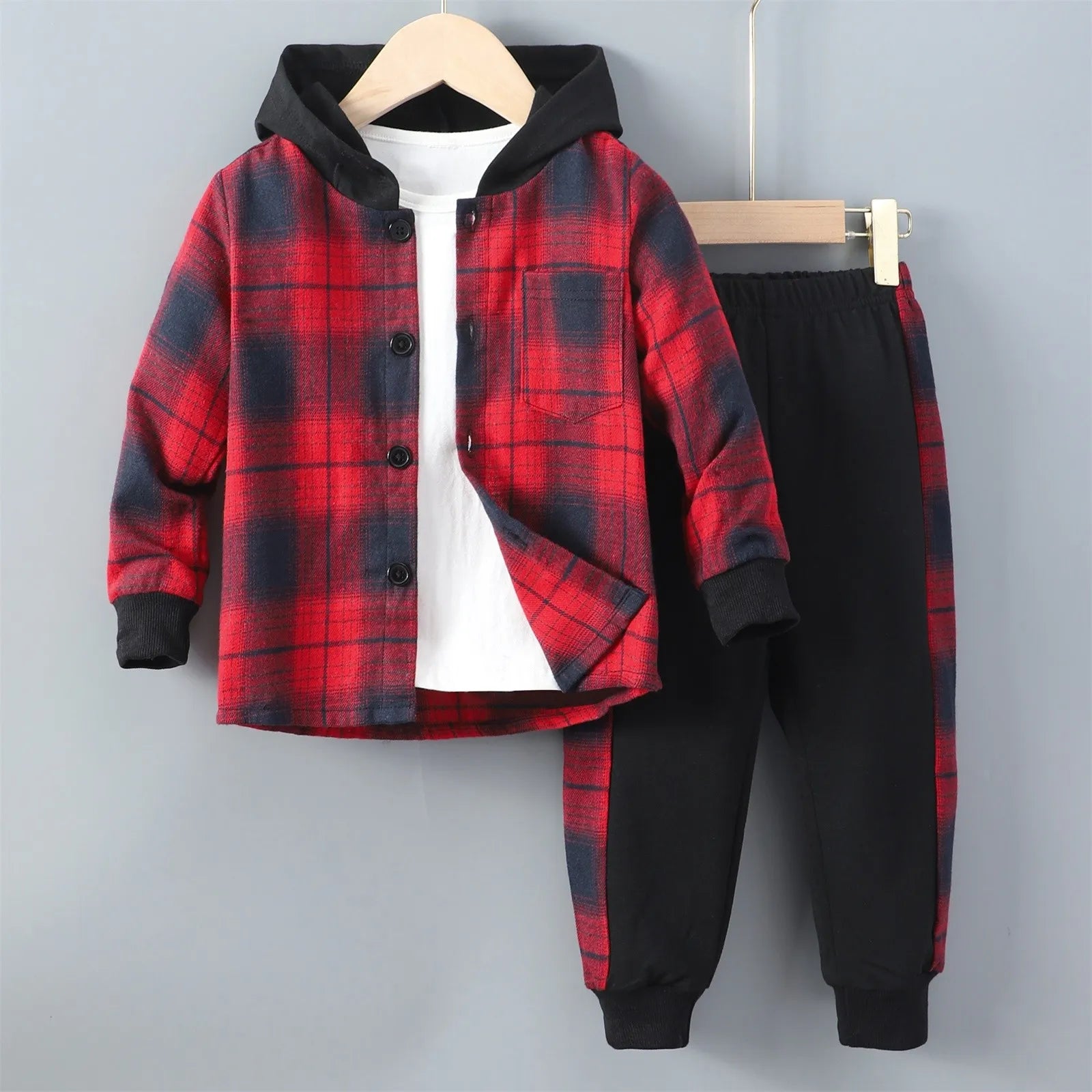 MOMSTAG Boys' Plaid Hooded Jacket & Sweatpants Set