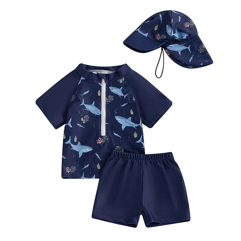 Zipper Closure Short Sleeve Rash Guard Swimsuit set with Trunks Hat for Boys