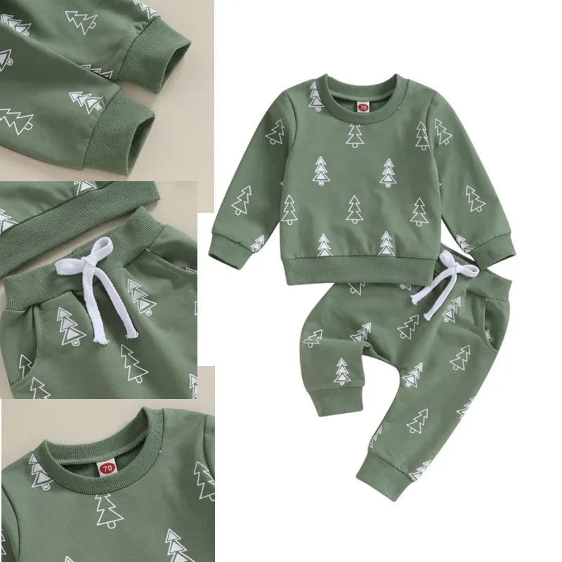 RUEWEY Christmas Tree Print Long Sleeve Sweatshirt Tops and Bottom Sets