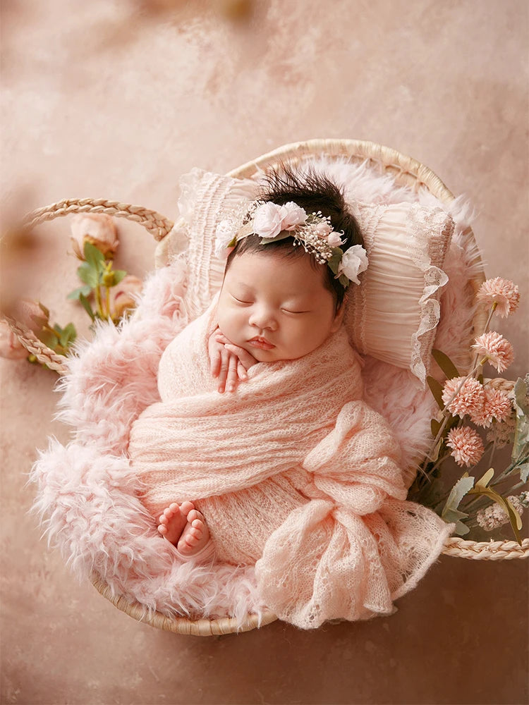 MOMSTAG Newborn Pink Theme Photography Props Set - Includes Knitted Wrap, Headflower, Lace Pillow, Bunny Doll