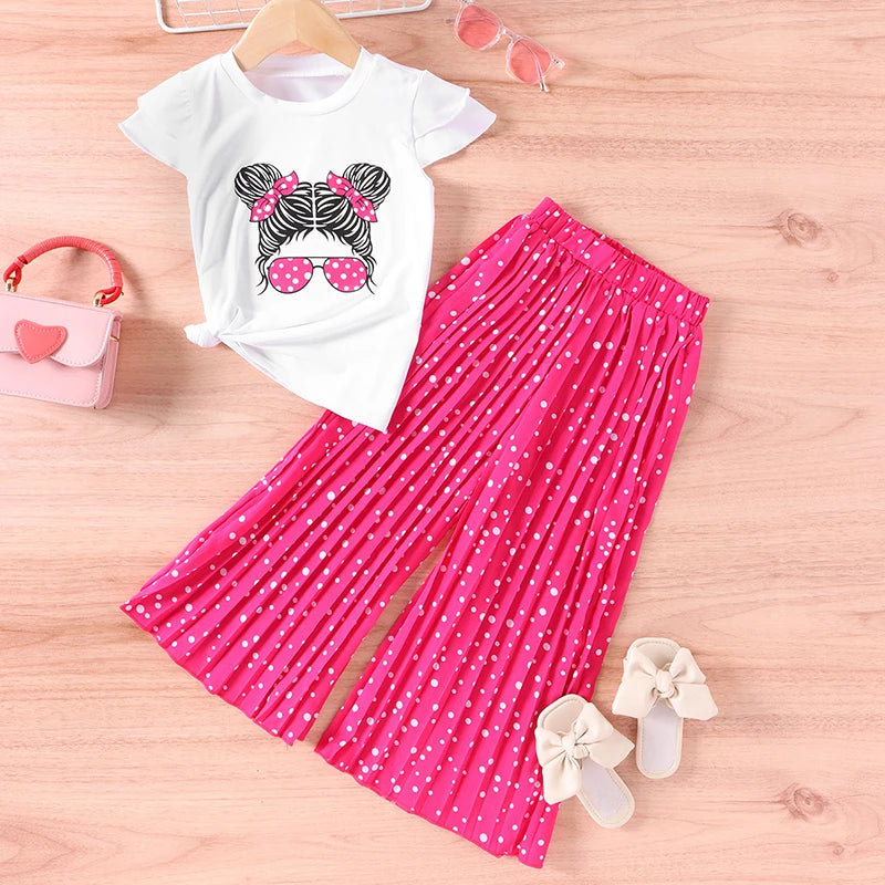 Short Sleeved+Wide Leg Pants Casual Two Piece Set for Girls