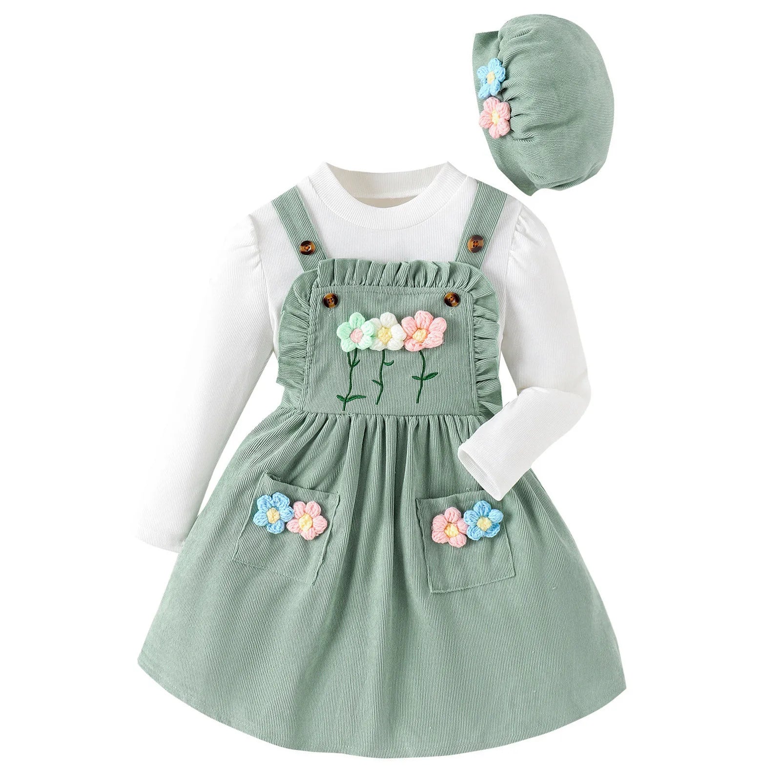 MOMSTAG Girls Top+Floral Splice Suspenders Dress+Cap 3 Pieces Set