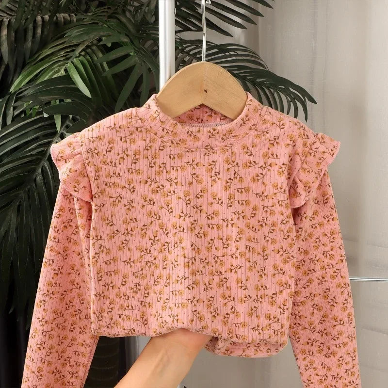 Ruffle Collar Floral Print Casual Cotton Tees for Toddler girls