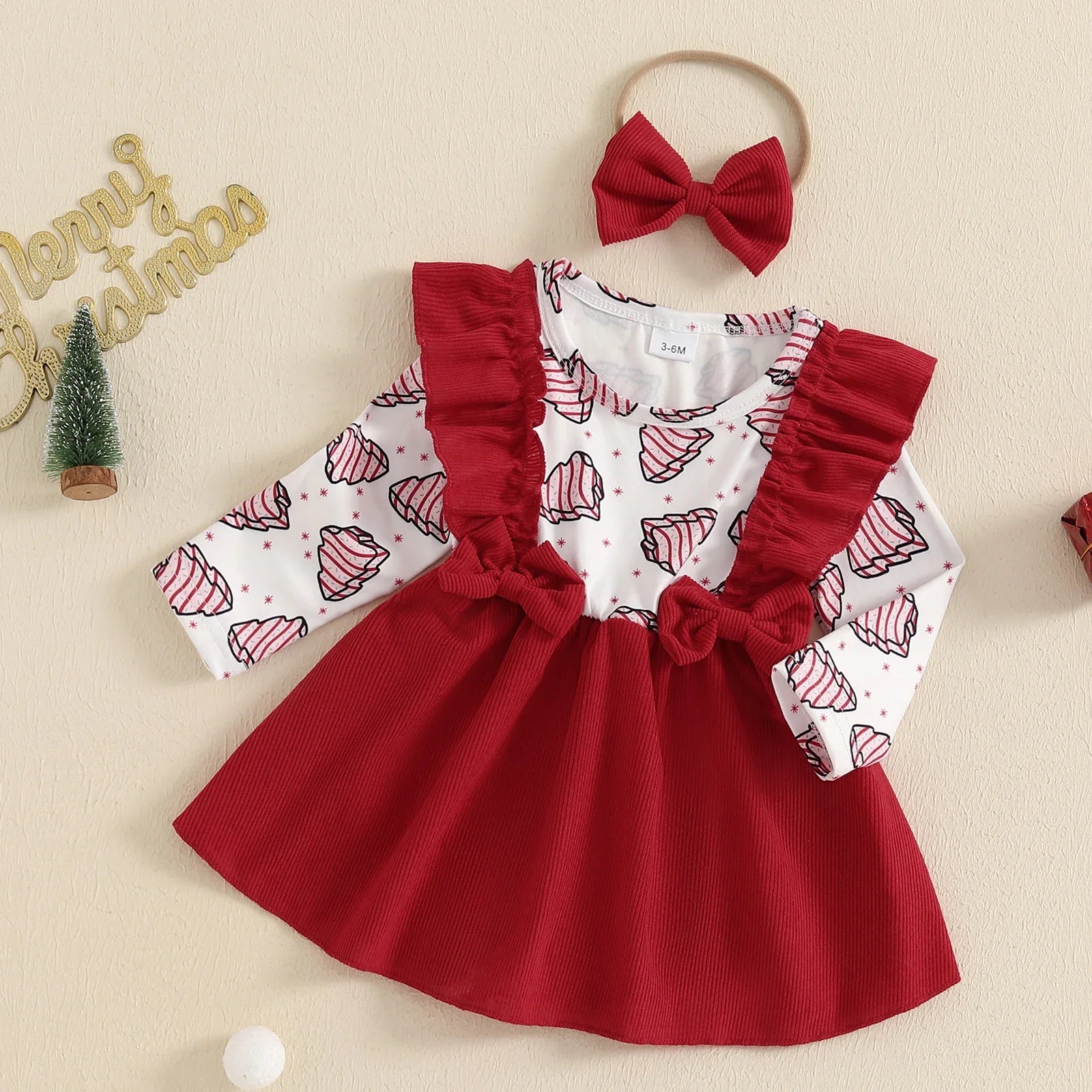 Corduroy Christmas Tree Print Rompers Dress with Headband for baby girls