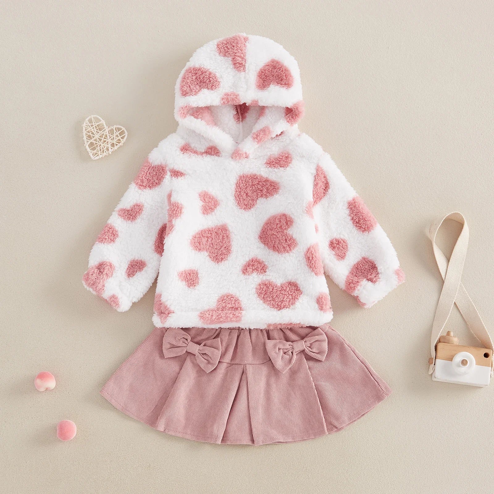 MOMSTAG Toddler Girl Winter Warm Hoodie Bow Elastic Waist Skirt 2 Piece Set