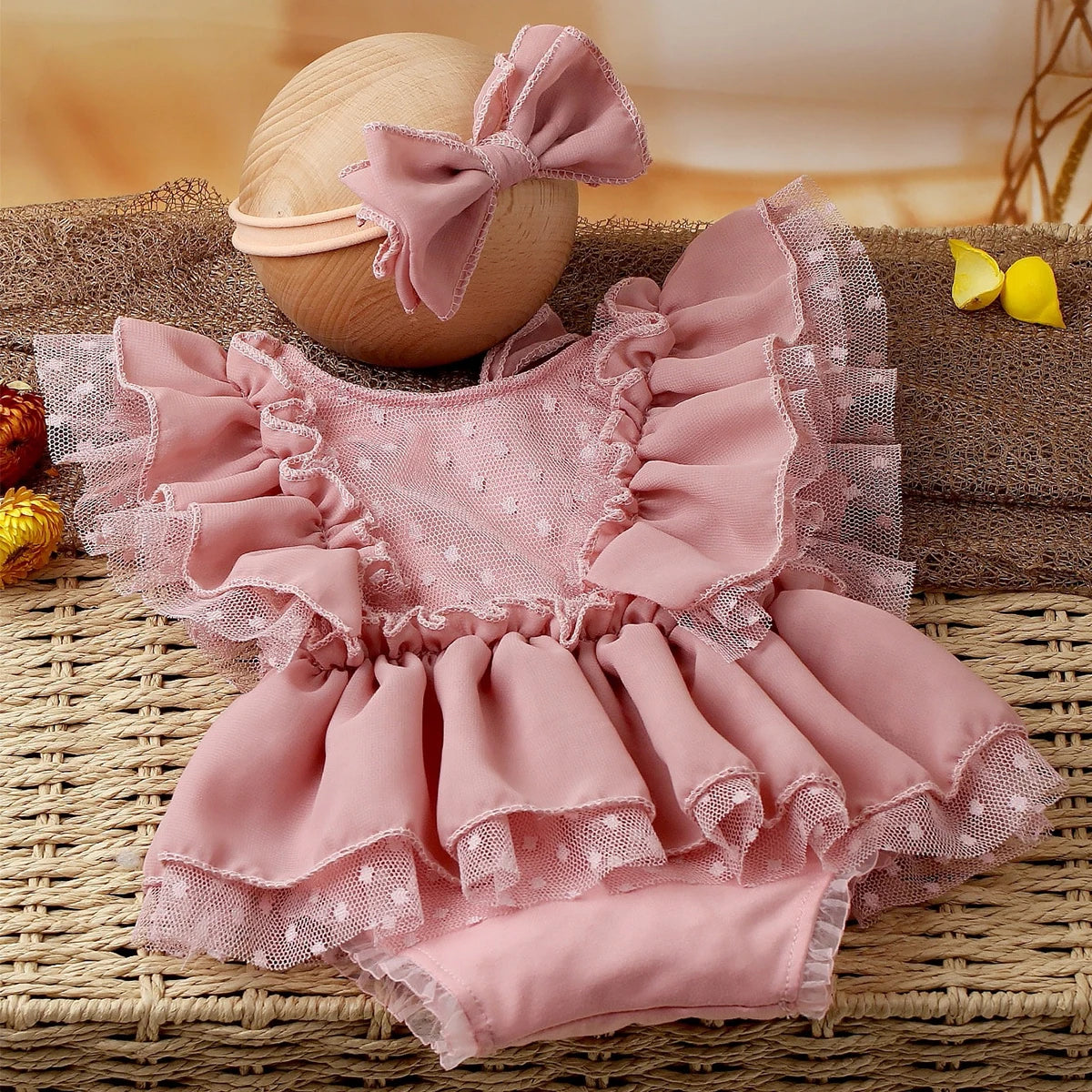 Newborn Dusty Pink Chiffon Romper & Bow Hairband Set