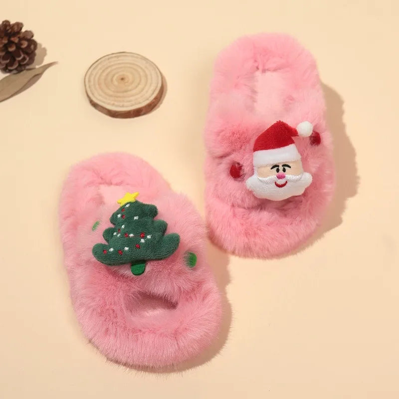 Girls Pink Christmas Plush Warm Slippers