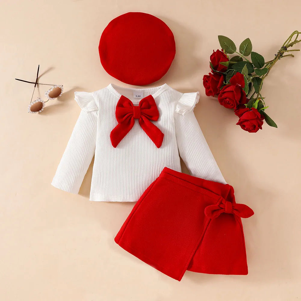 Long Sleeve Big Bow Top Irregular Skirt and Beret 3Pcs Christmas Clothes for toddler