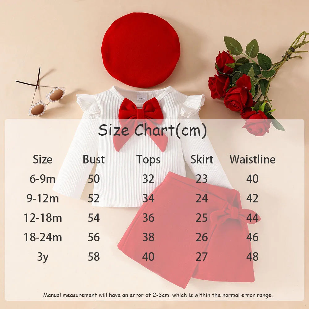 Long Sleeve Big Bow Top Irregular Skirt and Beret 3Pcs Christmas Clothes for toddler