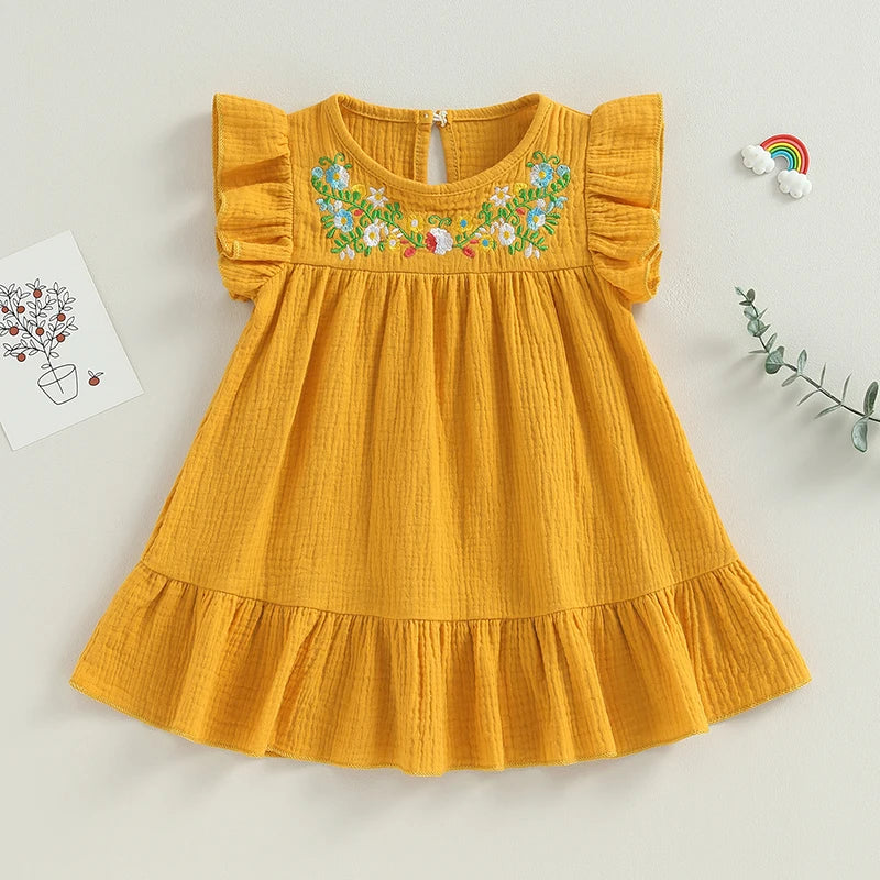 Sleeveless Ruffle Cotton Linen Flare Dress for Girls