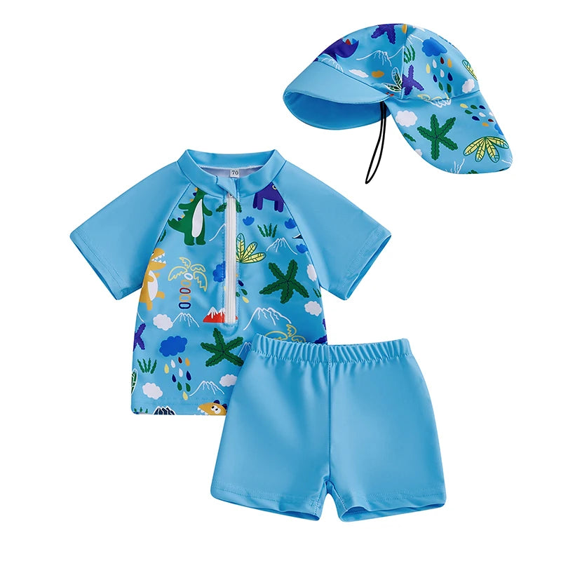 Zipper Closure Short Sleeve Rash Guard Swimsuit set with Trunks Hat for Boys