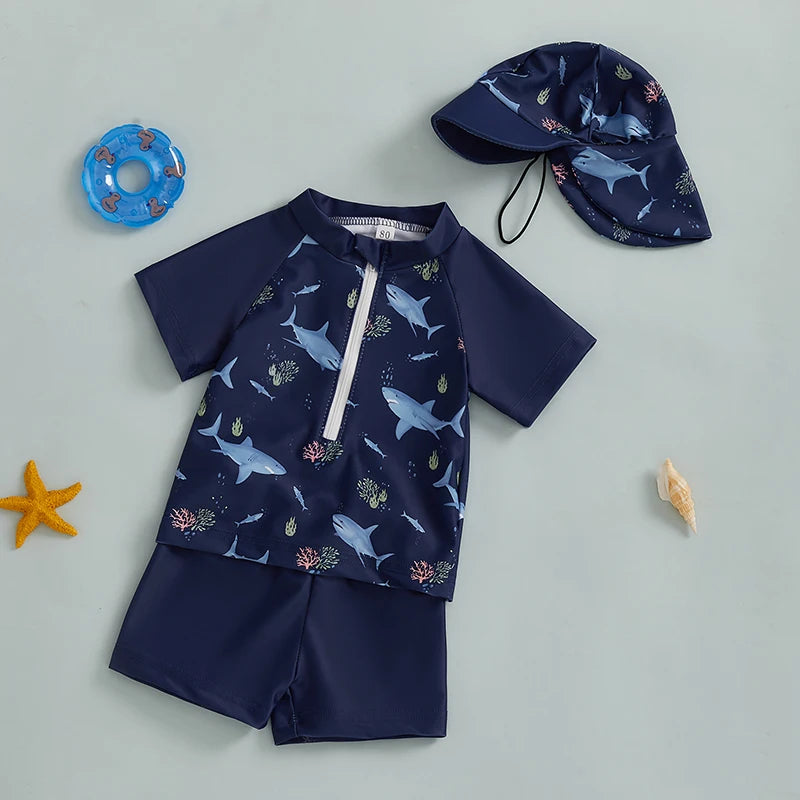 Zipper Closure Short Sleeve Rash Guard Swimsuit set with Trunks Hat for Boys