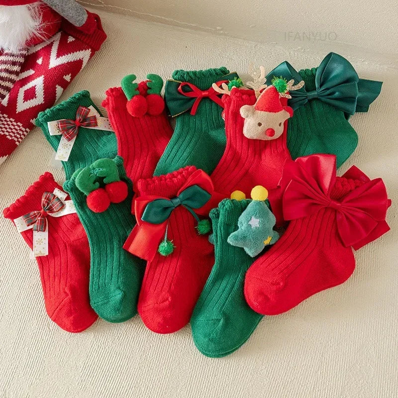 Girls Christmas Cotton Socks with Bows