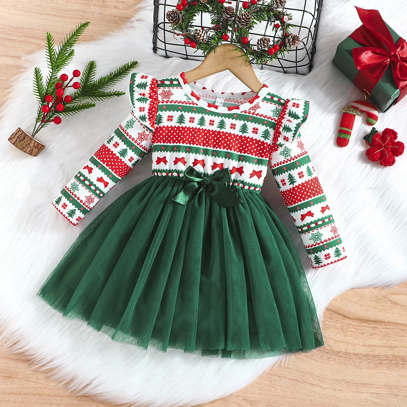 MOMSTAG Toddler Girls Christmas Bowknot Tulle Patchwork Dresses