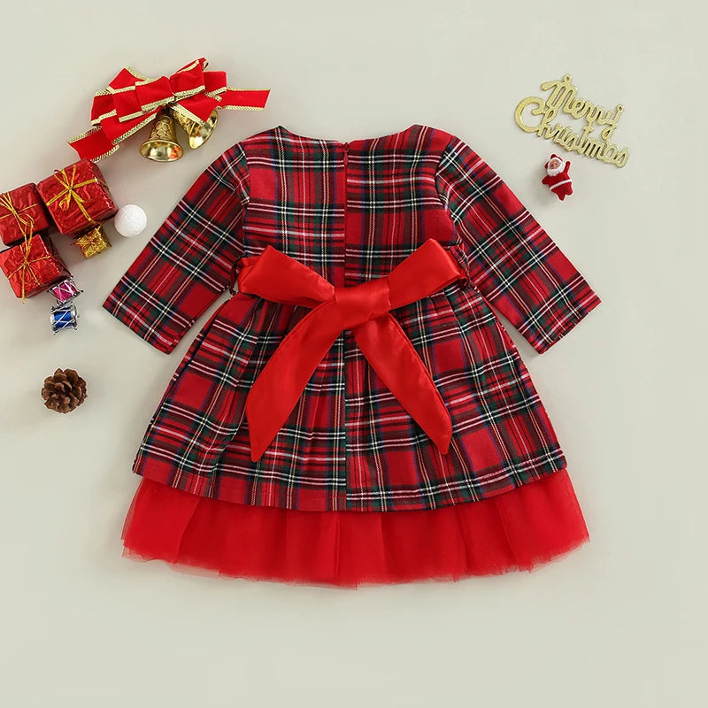 Snowflake Print Velvet Bowknot A-Line Christmas Dress for Girls