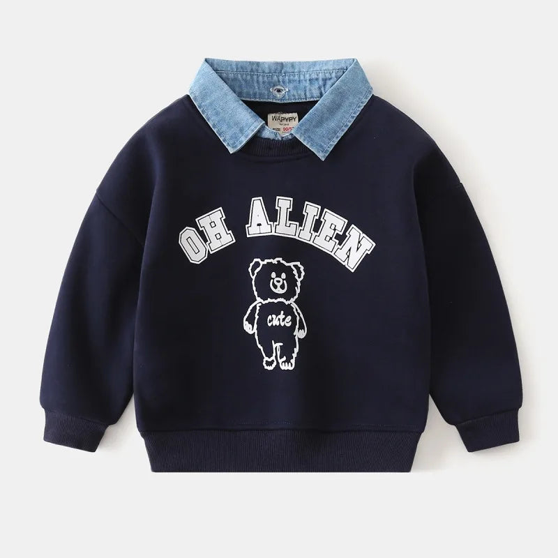 Kids Cotton Bear Print Pullover Hoodie