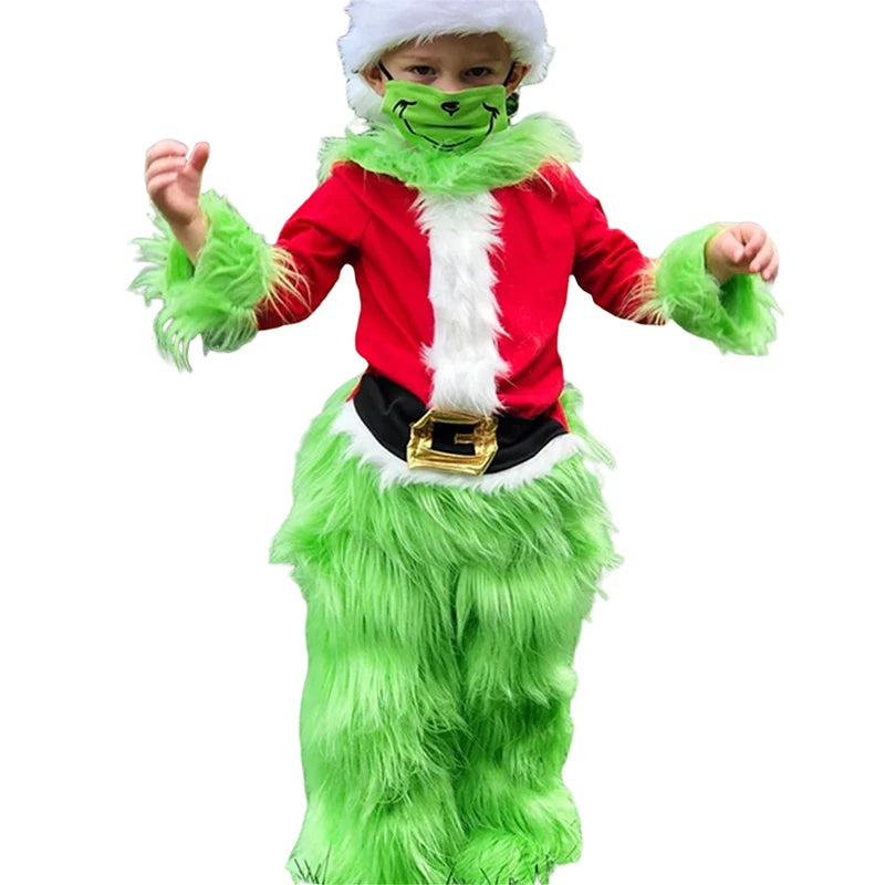 Boys Cosplay Costume Green Furry Monster Santa Claus Suit Xmas Clothes Set