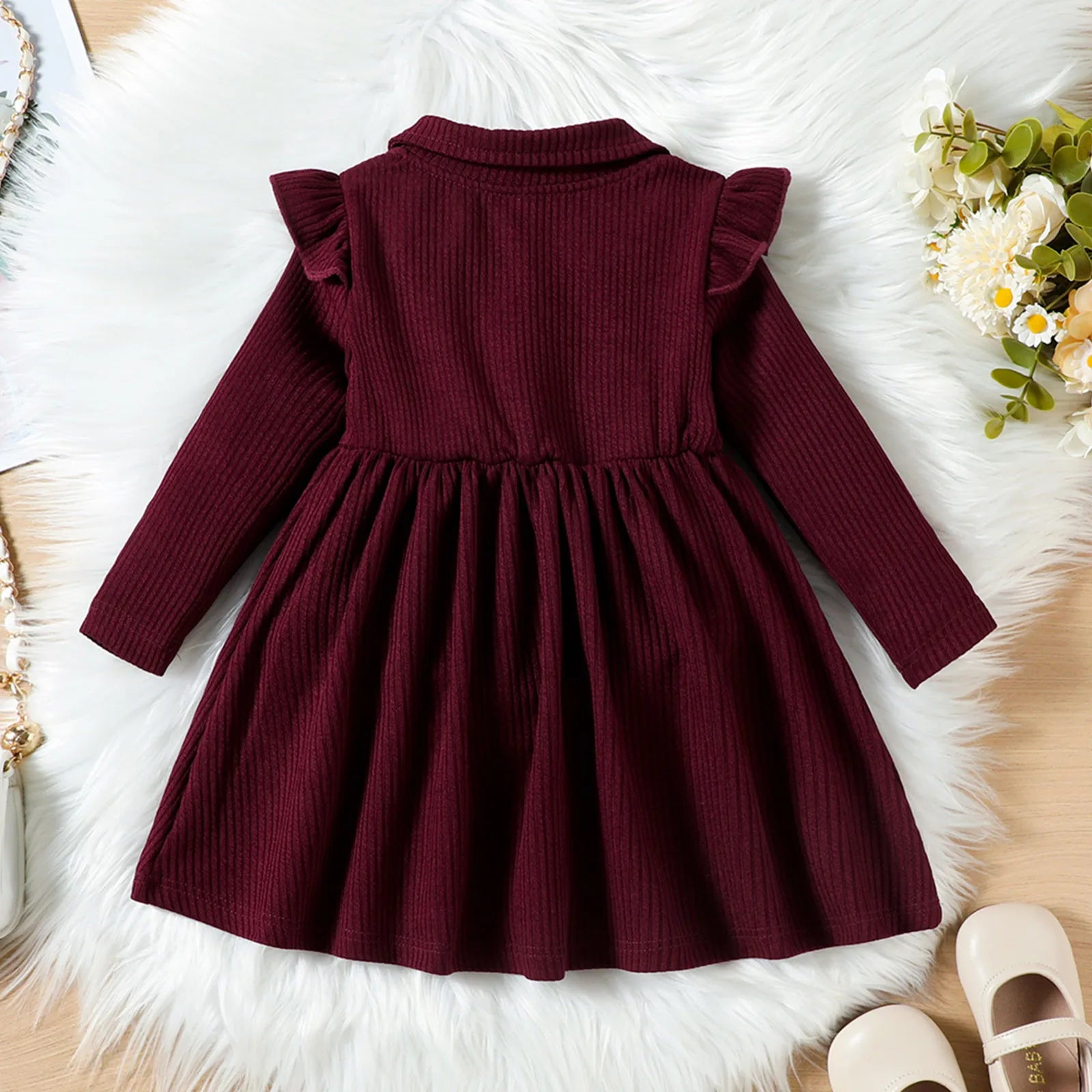 MOMSTAG Autumn Baby Girls Lapel Button Bowknot Princess Dress