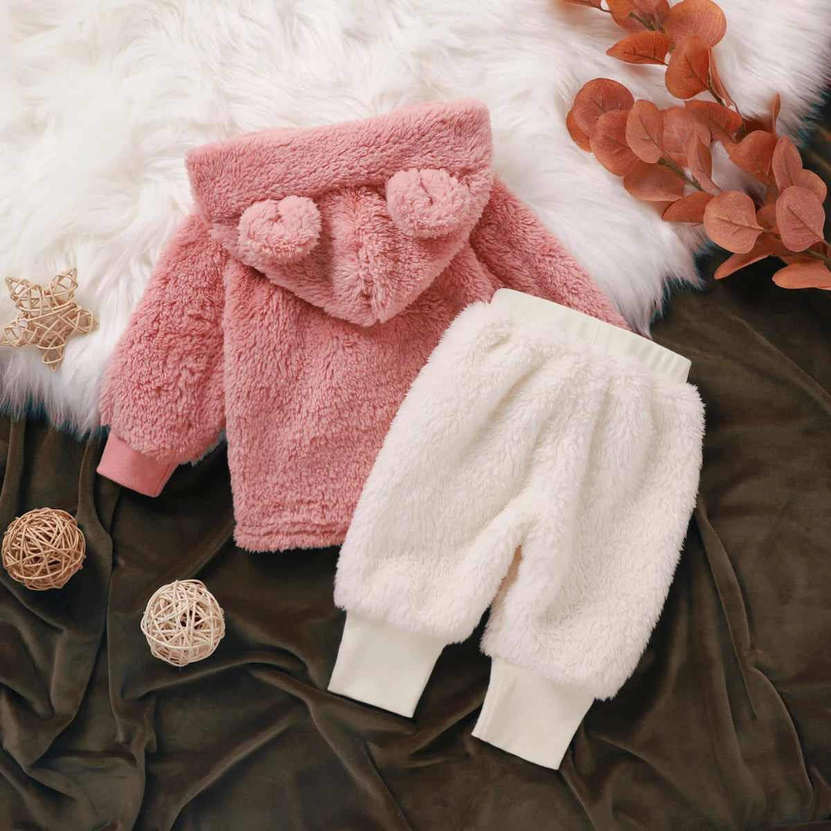 Bunny Pink Plush Girl's Hoodie Set