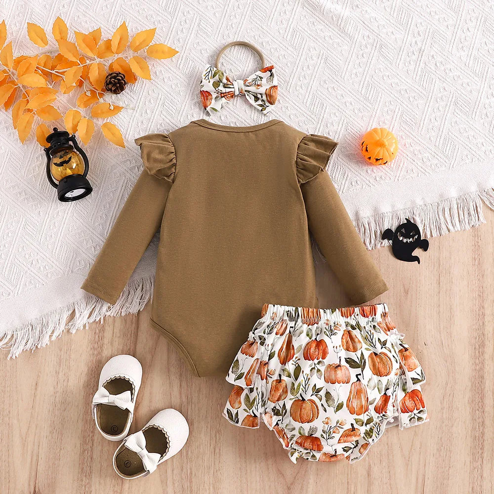 Pumpkin print Ruffle shorts with Headwear 3pcs baby outfit set for Halloween