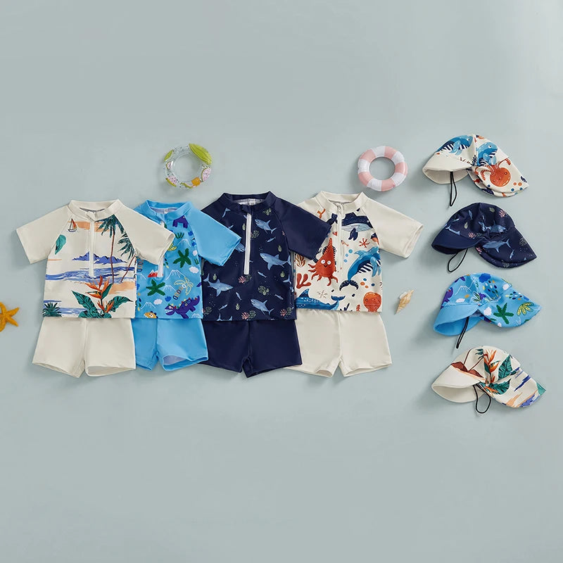 Zipper Closure Short Sleeve Rash Guard Swimsuit set with Trunks Hat for Boys