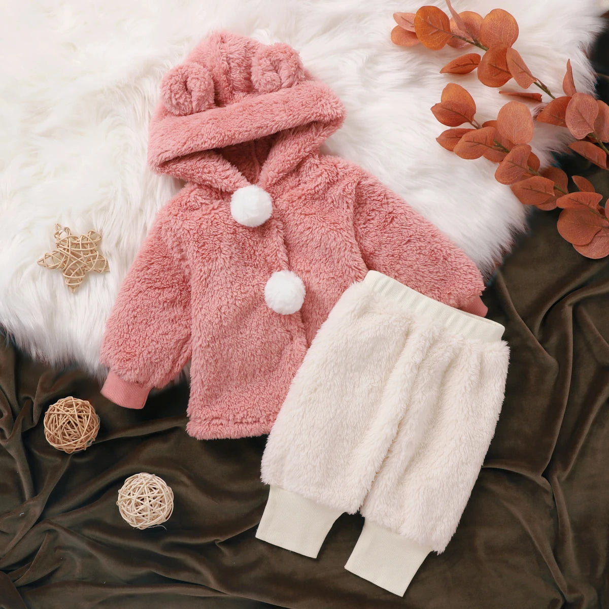 Bunny Pink Plush Girl's Hoodie Set