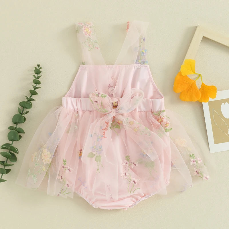 Tie Up Mesh Flower Embroidery Cami Bodysuit for baby girl