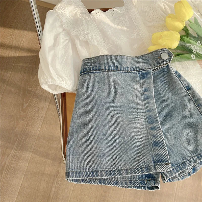 Toddlers / Girls Lace Blouse Top & Denim Shorts