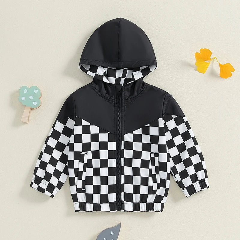 MOMSTAG Toddlers Checkerboard Zip-Up Winter Hooded Jacket