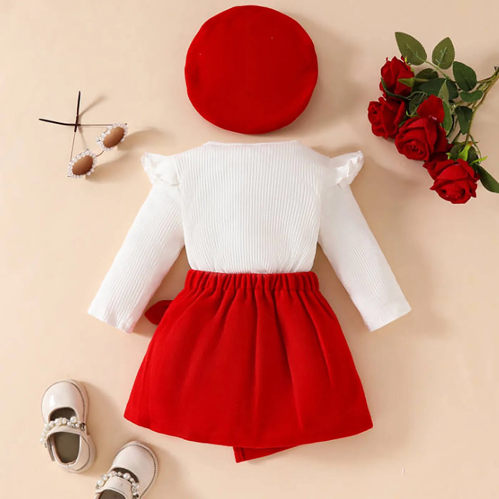 MOMSTAG Baby Girls Christmas Long Sleeve Big Bow Top Irregular Skirt and Beret 3Pcs Set