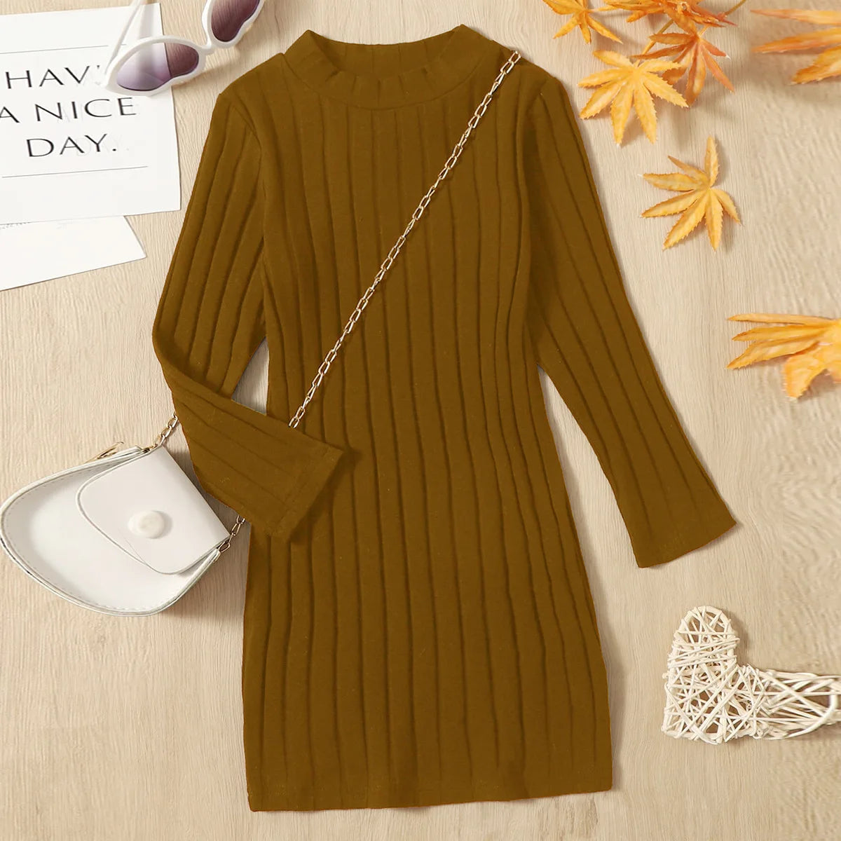 MOMSTAG Winter Girls O-Neck Long Sleeve Dolid Knitting Pencil Dress