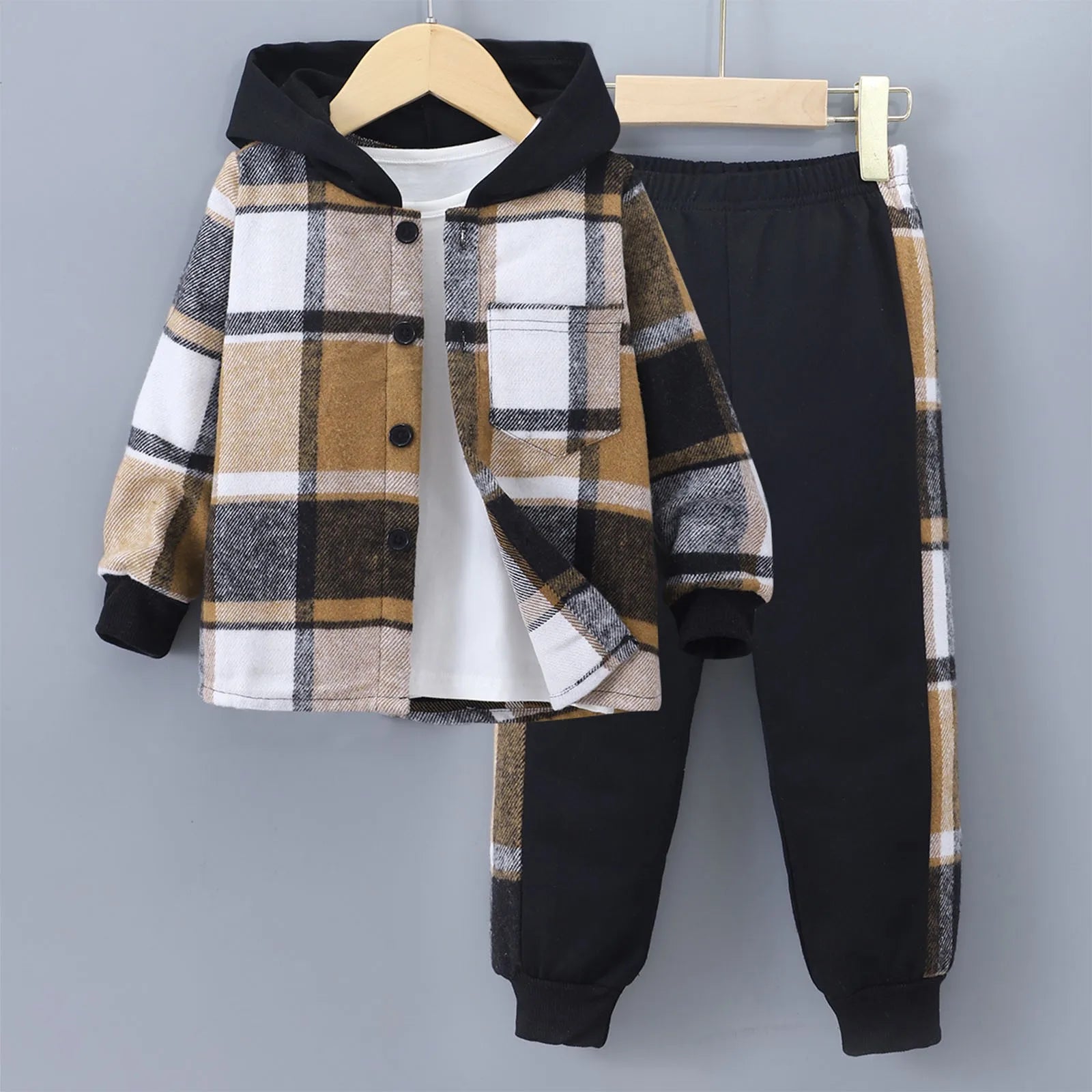 MOMSTAG Boys' Plaid Hooded Jacket & Sweatpants Set