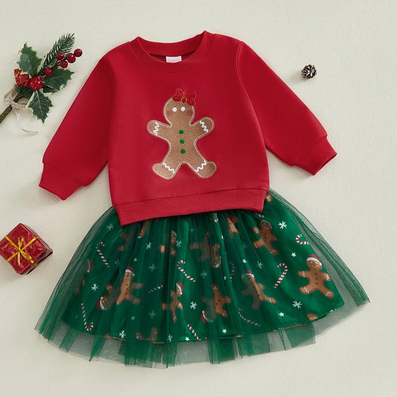 MOMSTAG Toddler Girls Long Sleeve Gingerbread Sweatshirt & Tulle Skirt Set