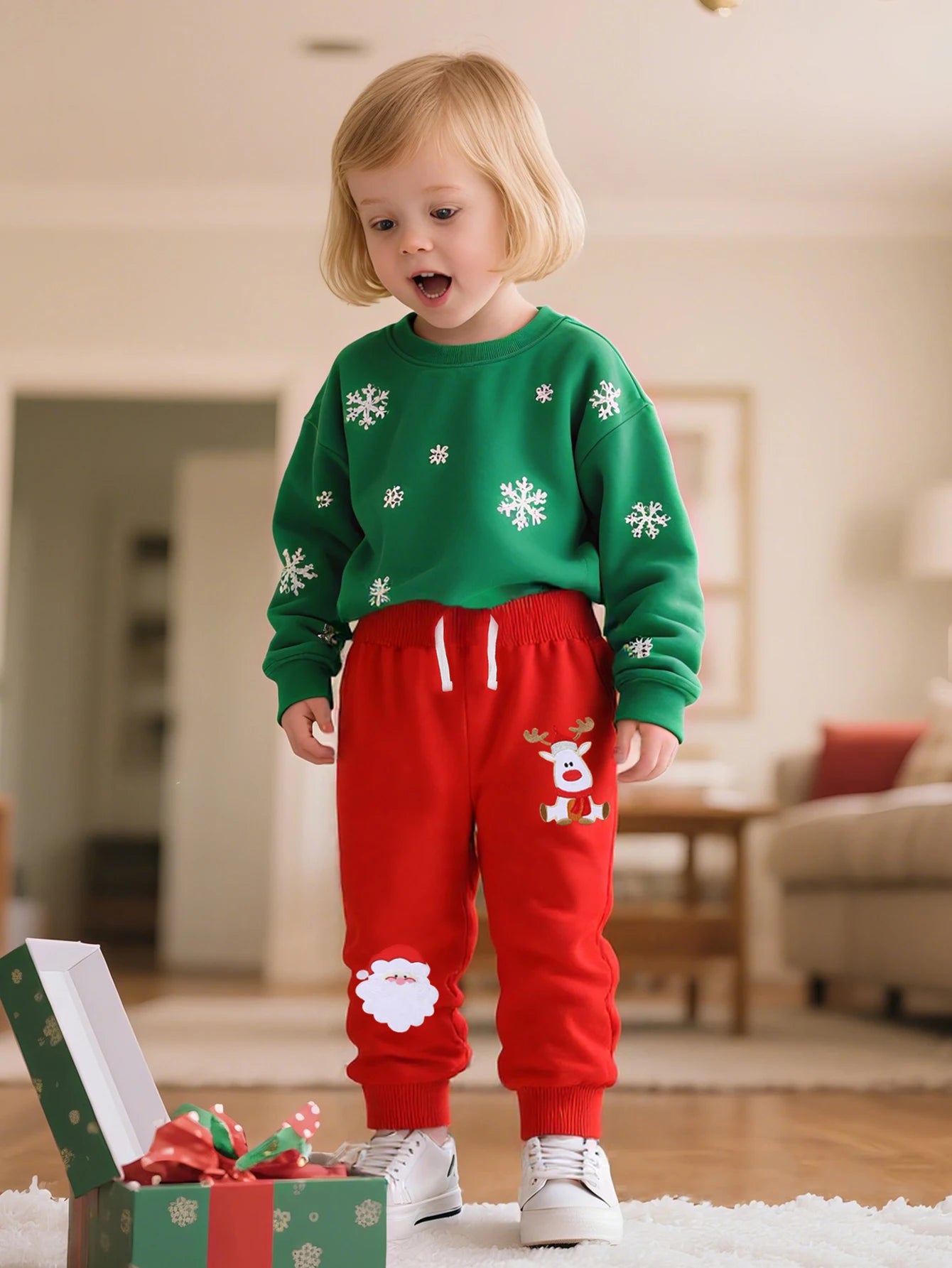 Girls’ Christmas Red Drawstring Cotton Pants