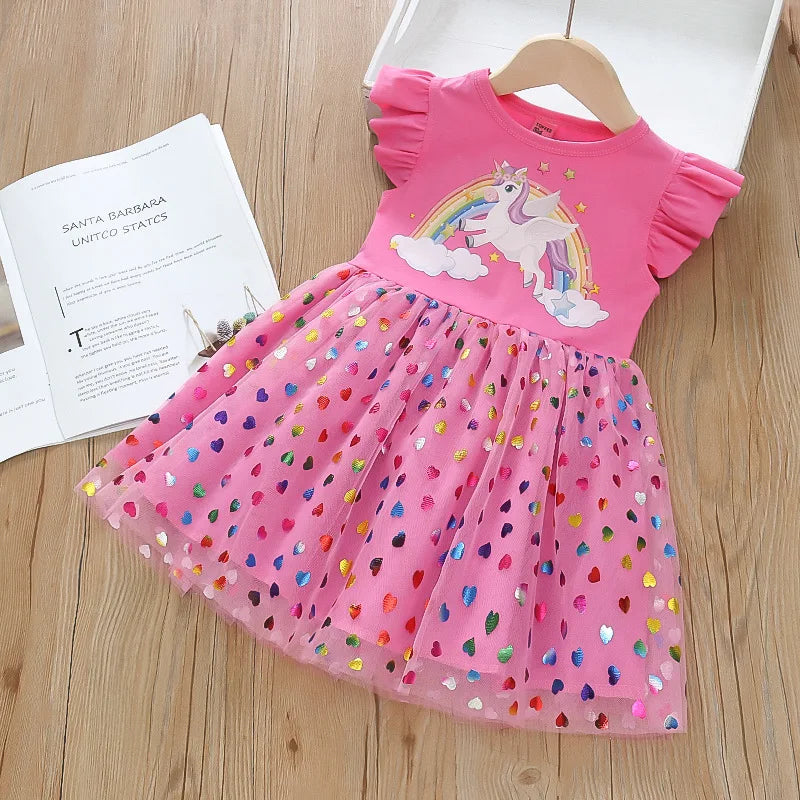 Girls' Unicorn Sequin Dress – Short Sleeve Princess Costume for Daily Wear