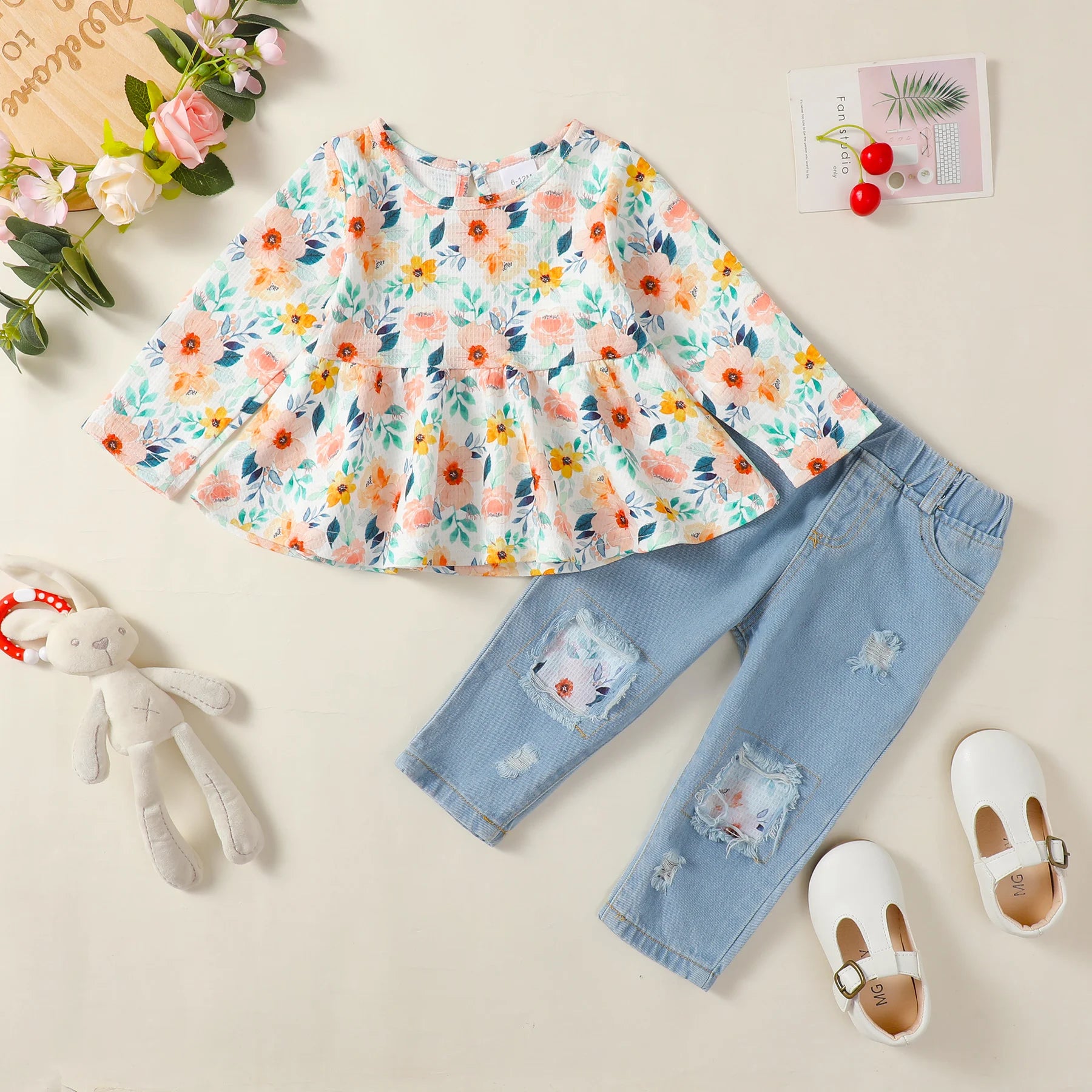 2pc Flower Ruffle Top & Denim Pants Set for Toddler Girl