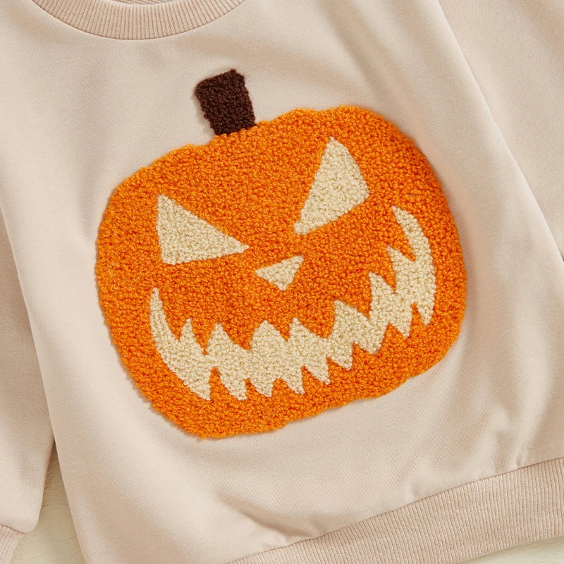 Little Boy and Girl Halloween Pumpkin Embroidery Sweatshirt