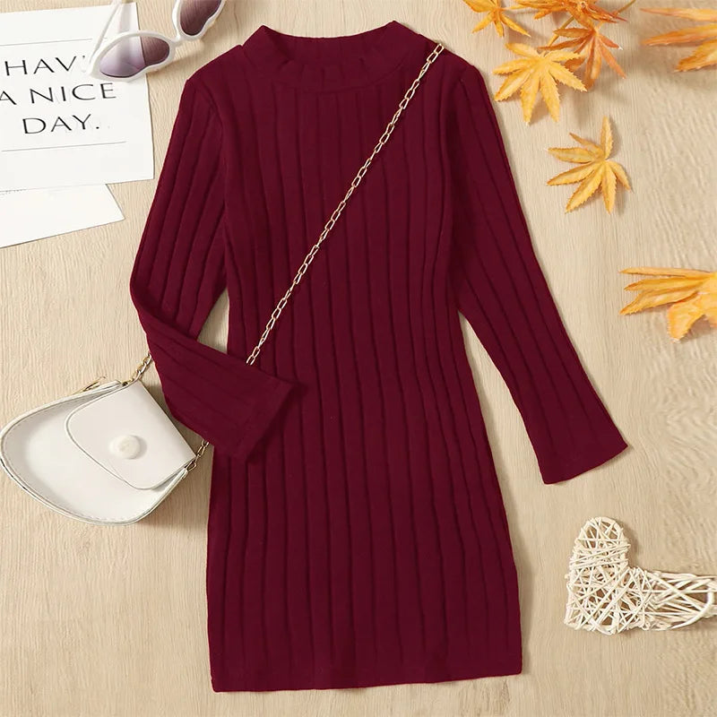 MOMSTAG Winter Girls O-Neck Long Sleeve Dolid Knitting Pencil Dress