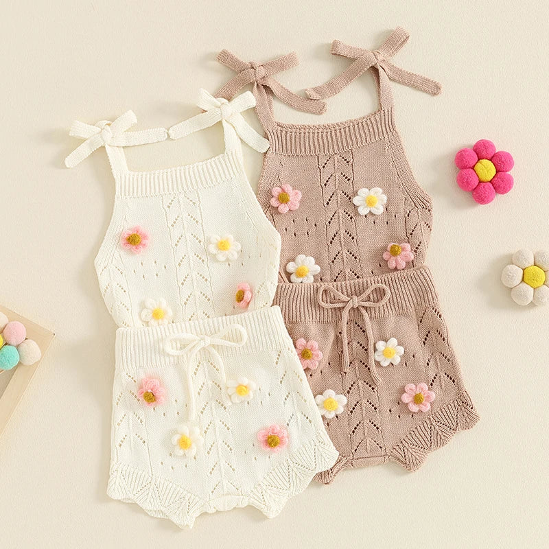 Knitted Outfit, Tie-up Camisole with Elastic Waist Shorts 2-piece Outfit for gils