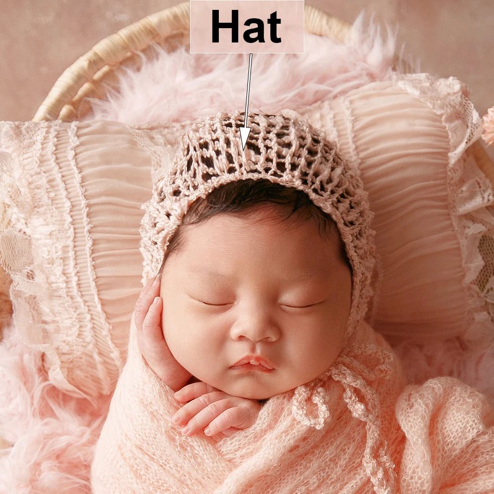 MOMSTAG Newborn Pink Theme Photography Props Set - Includes Knitted Wrap, Headflower, Lace Pillow, Bunny Doll