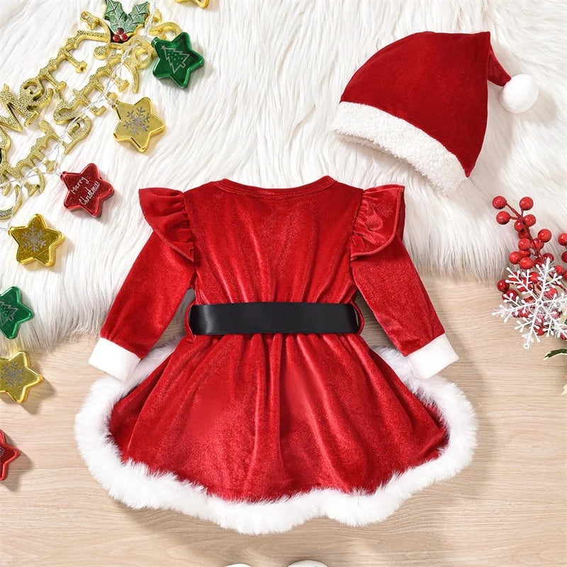 MOMSTAG Lioraitiin Infant Girls Velvet Christmas Bodysuit Dress with Hat