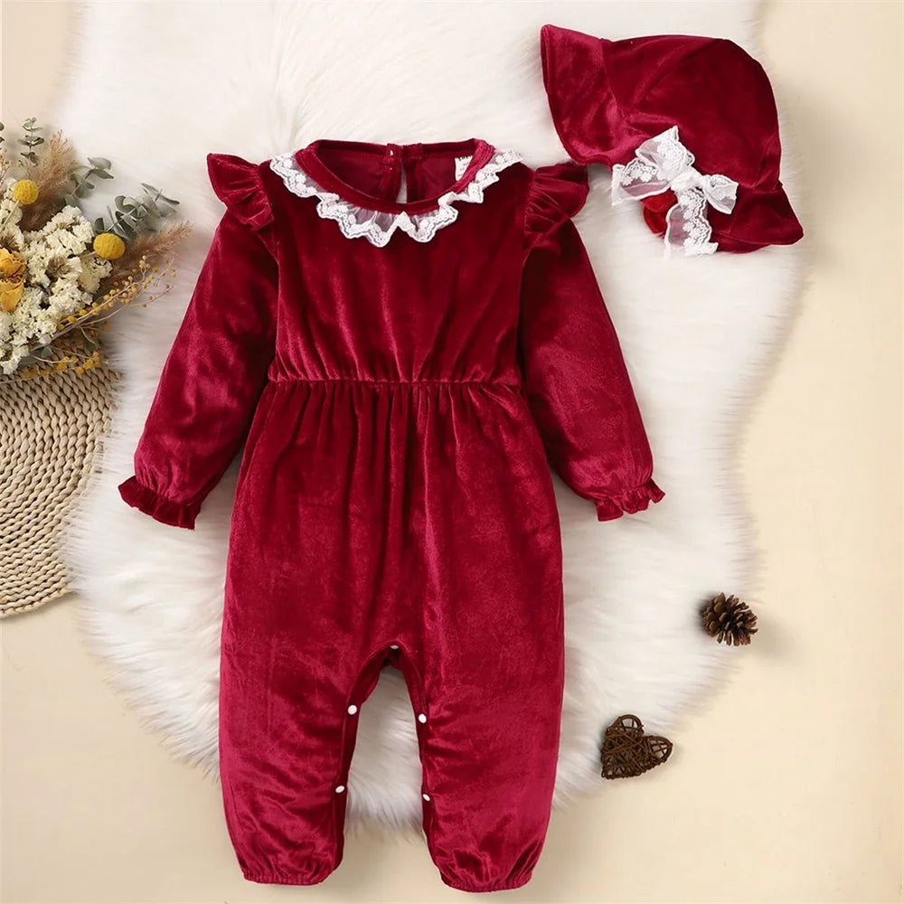 Baby's Velvet Christmas Romper Set
