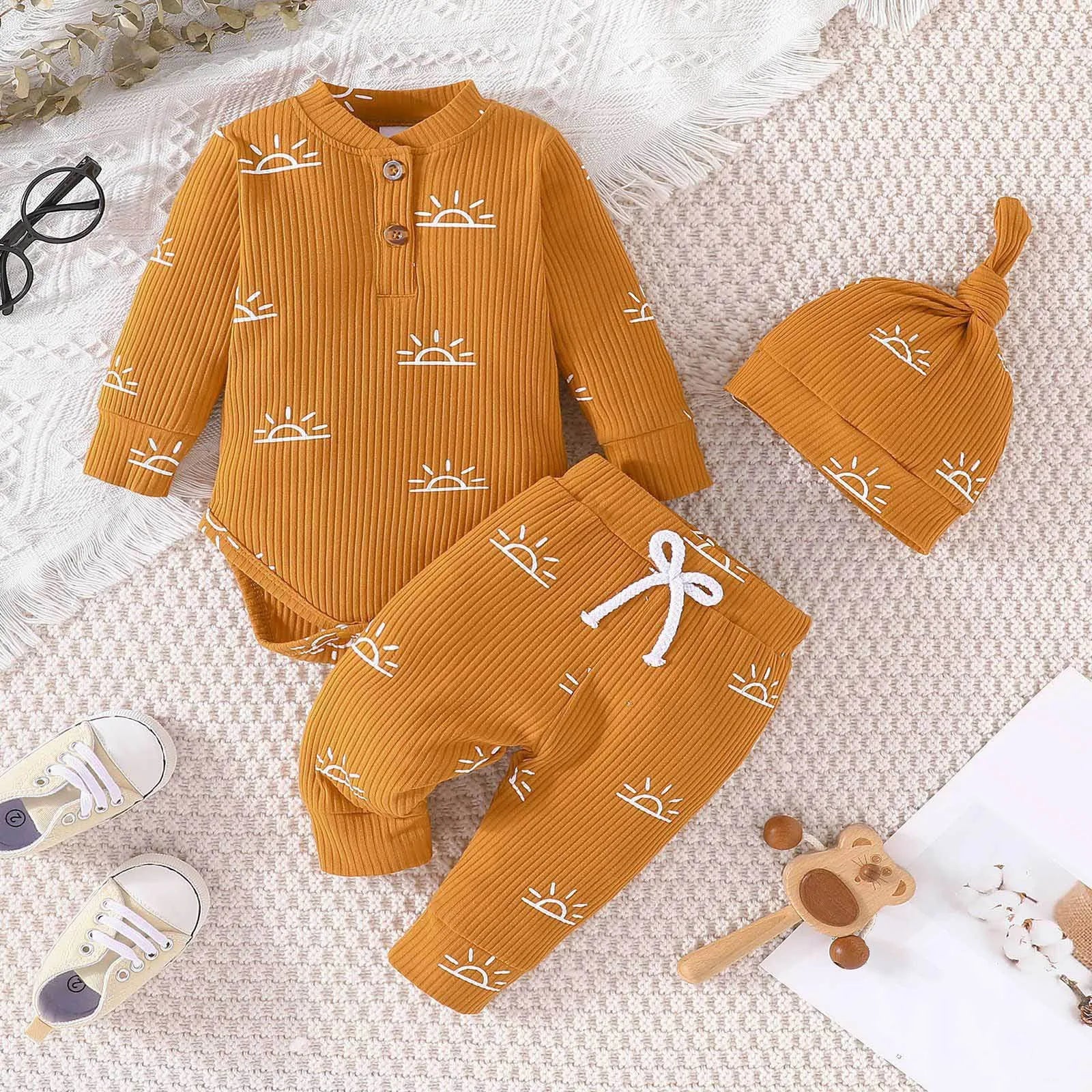 MOMSTAG Newborn Winter Cotton Long Sleeve Bodysuits Pants Hat 3Pcs