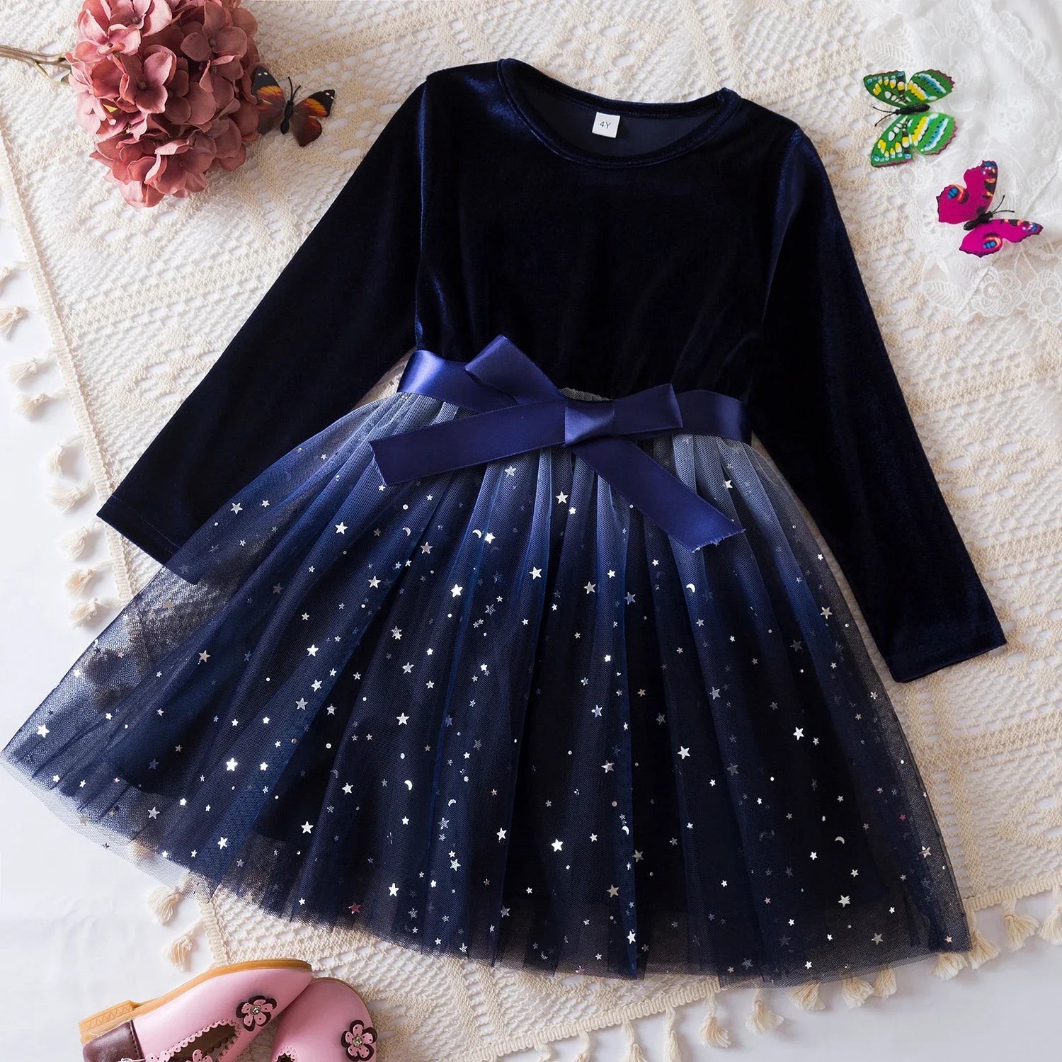 Girls Autumn Winter Long Sleeve Bow Sequin Princess Dress